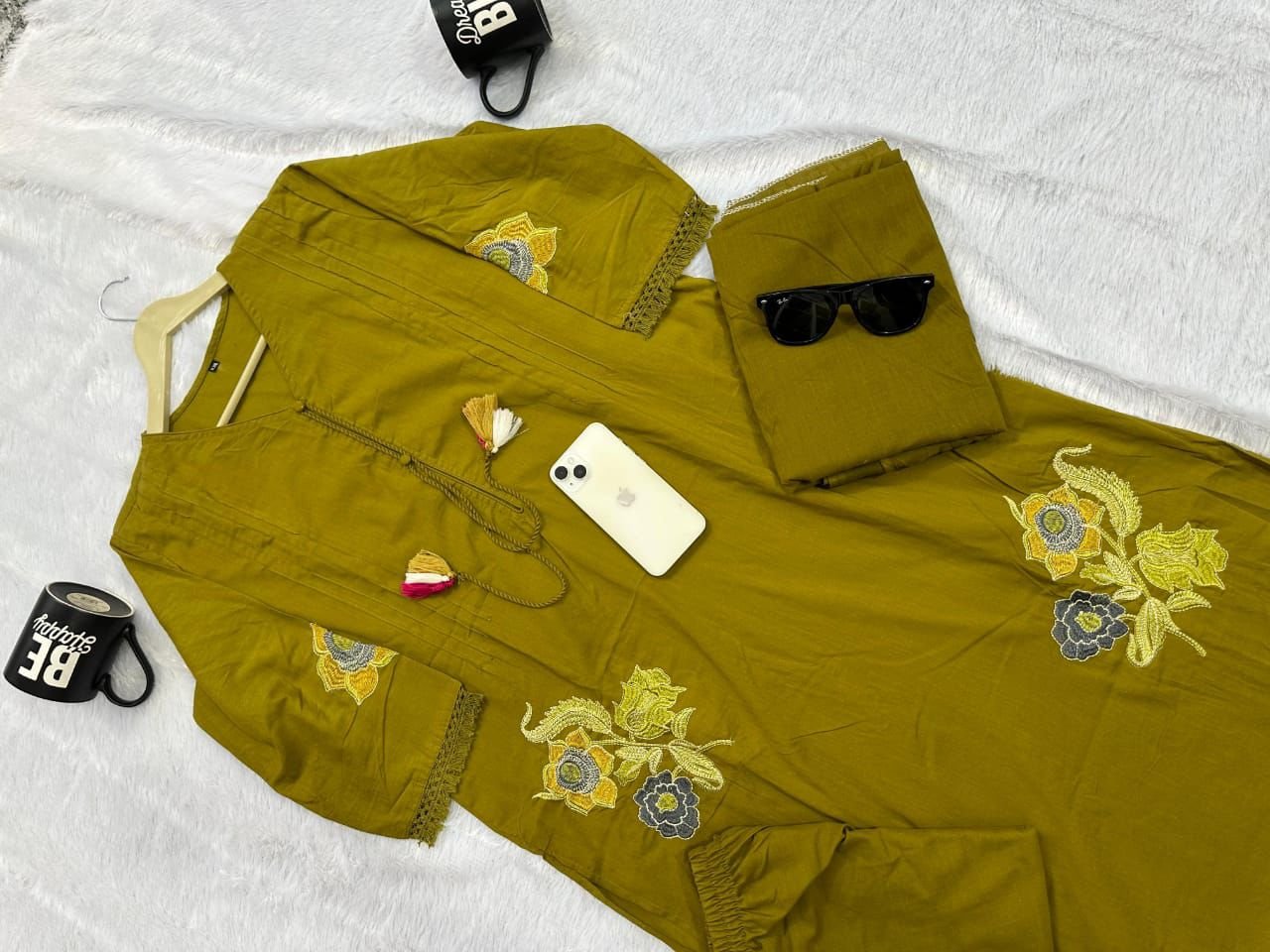 Green Embroidered Cotton Kurti Palazzo Dupatta Set